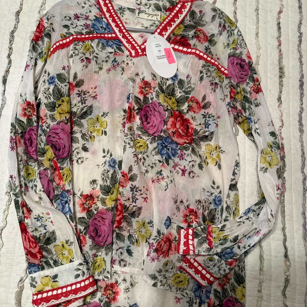 Floral Sheer Blouse with Red Accents
